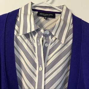 Career Button Shirt Sz PM Long Sleeve Cuffed White Black Purple Striped